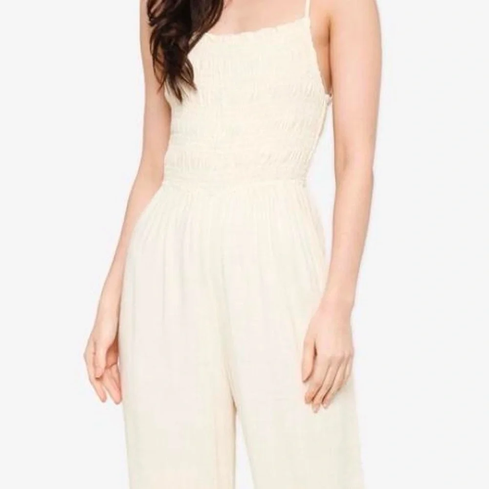 H&M Linen Blend Smocked Wide Leg Jumpsuit Cream Beige Strappy Size Small